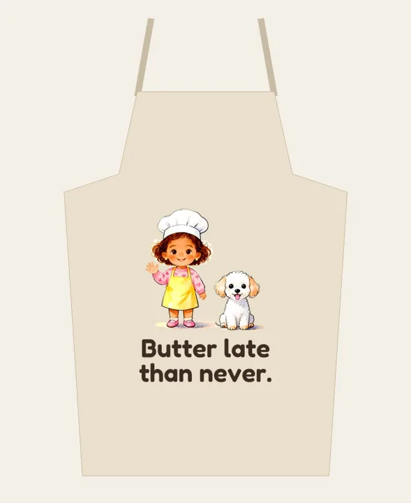 Apron that says "Butter late than never." with Chef May and Coco
