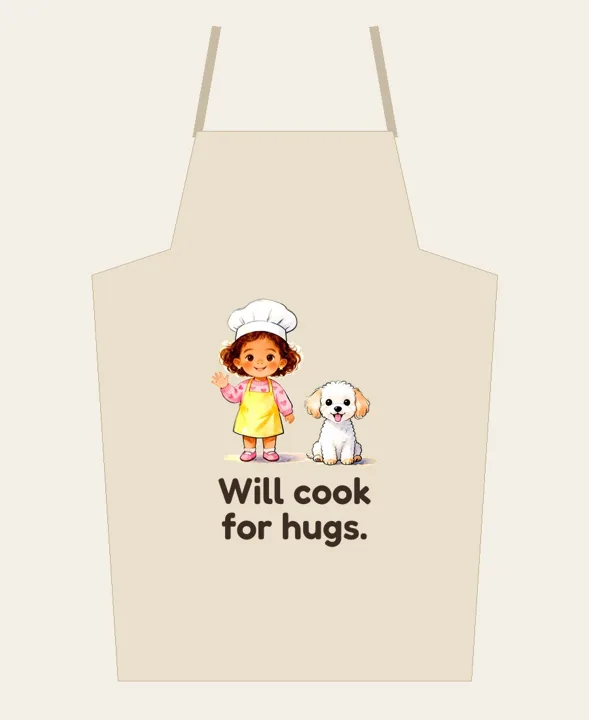 Apron that says "Will cook for hugs." with Chef May and Coco